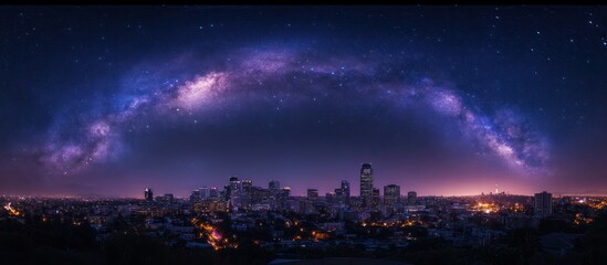 Milky Way galaxy arching over a cityscape at night.