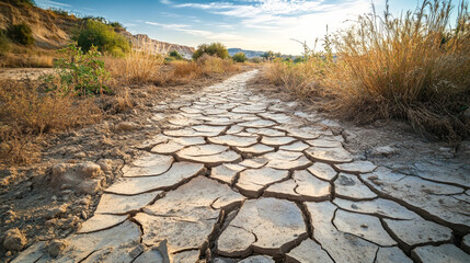 Dry cracked earth pathway in parched landscape under clear blue sky