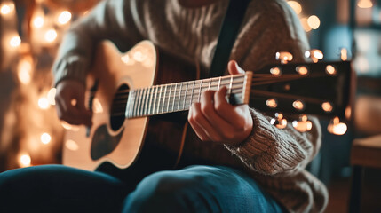 Obraz premium Cozy acoustic guitar performance in warm ambient lighting setting