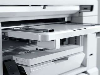 A copier with a detailed view of its output tray
