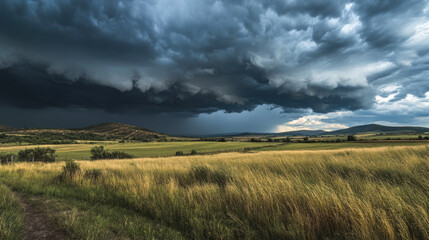 Obraz premium Dramatic storm clouds over a serene countryside landscape capturing nature's power