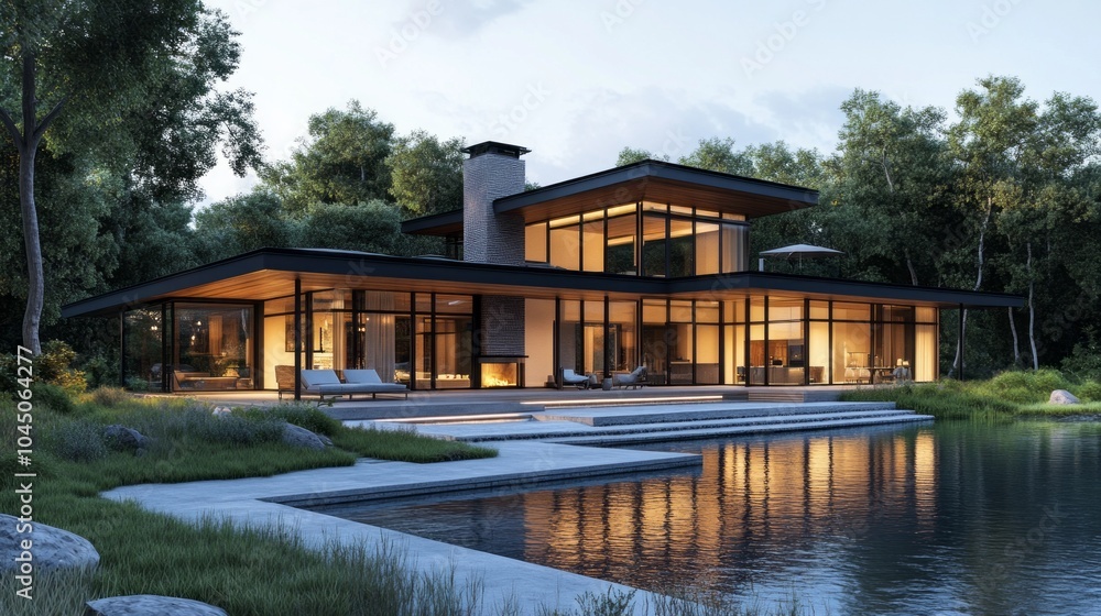 Poster a large house with a pool and a fireplace