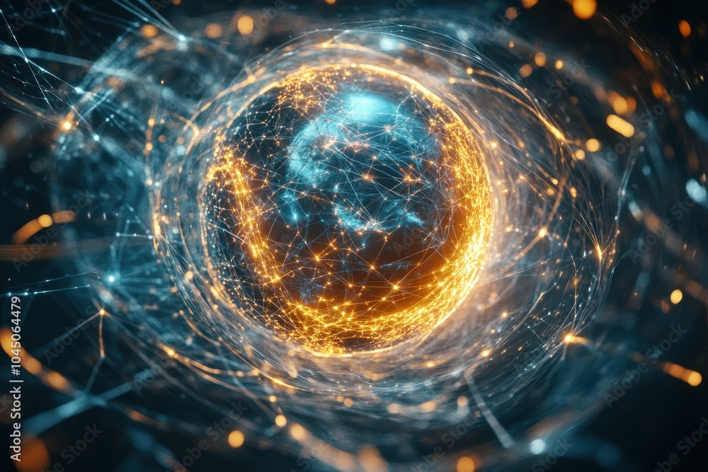 Poster abstract network globe with bright node connections