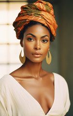Fototapeta premium Portrait of a Beautiful African Woman in Authentic Headwrap and Minimalist Style. Black woman. Black history. African American. Elegant beauty girl