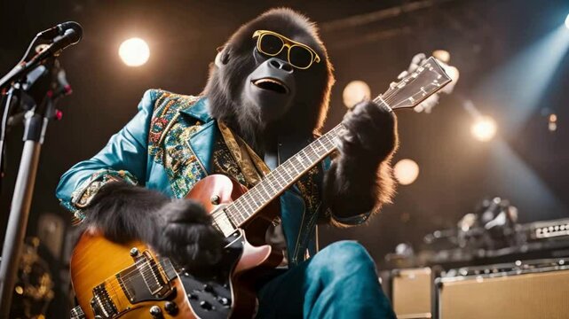 ! Decked out in a leather jacket and oversized sunglasses, the monkey takes the stage, wielding an electric guitar with style.