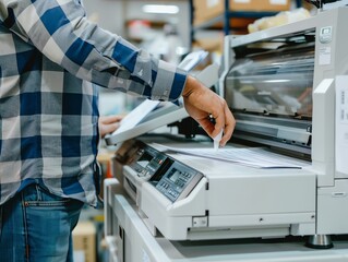 A copier with a technician performing maintenance