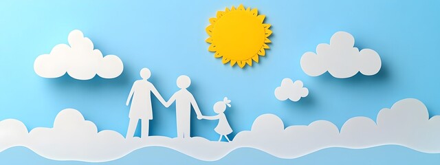 A father and his daughter standing in front of the sun, a simple layered paper art style on a blue background with clouds