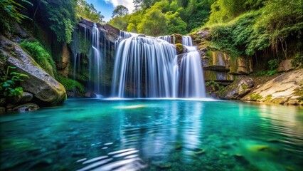 Small waterfall cascading into a pool of water at a tilted angle