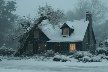 White landscape, snowy house in the woods