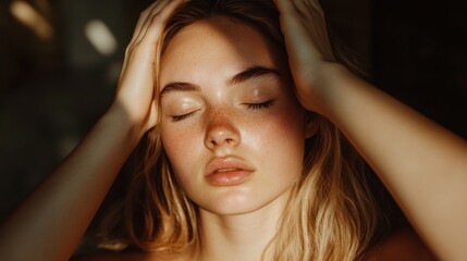 Obraz premium Heiteres Porträt einer friedvollen Frau im natürlichen Sonnenlicht für Wellness- und Beauty-Konzepte