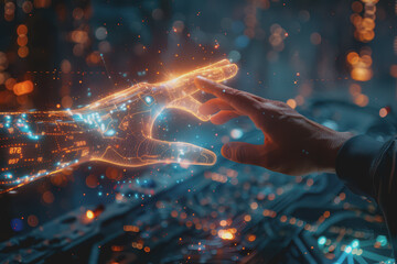 Artificial intelligence hands interact with human hands amidst holographic data. Black background.