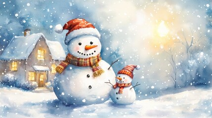 Obraz premium Cute snow man in snow field with cozy house. Winter holiday theme.