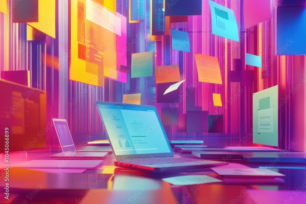 Poster vibrant digital workspace with floating documents