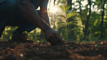 Fototapeta premium Black man planting a young oak tree in vibrant green forest with sunlight filtering through leaves serene atmosphere wildlife thriving around new life