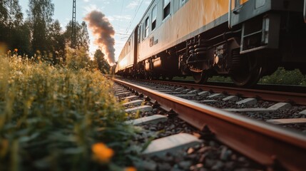 Obraz premium Frühlingszugfahrt bei Sonnenuntergang für Reise- und Abenteuerpublikationen