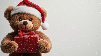 teddy bear with christmas gift, christmas teddy bear, brown teddy bear holding a Christmas gift box, teddy bear wearing a Santa hat