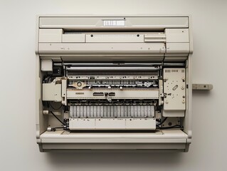 A copier with an open access panel showing internal parts