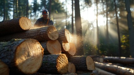 Nachhaltige Holzerntemethoden in sonnenbeschienenen Wäldern zum Schutz der Umwelt in der Forstwirtschaft