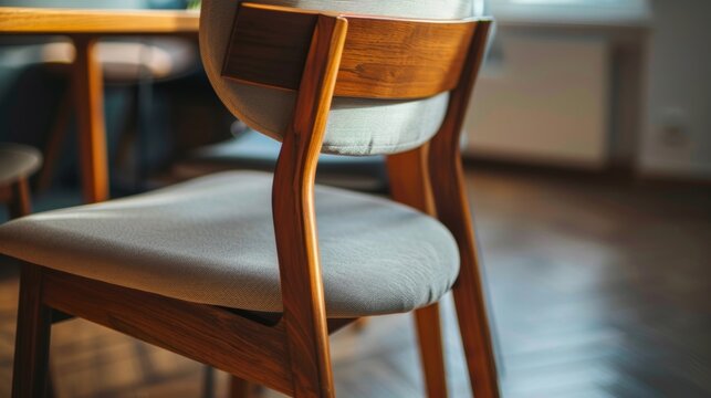 A chair with a cushioned seat and wooden frame pulled up to the desk.