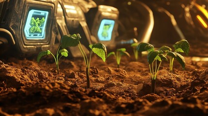 Crops Sprouting from Martian Soil Close-Up