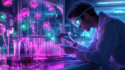 Scientist conducting futuristic experiment with glowing chemicals in advanced laboratory