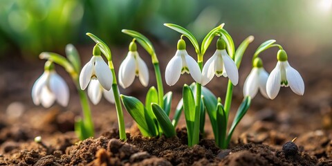Small white snowdrop flowers with green leaves peeking through spring garden soil