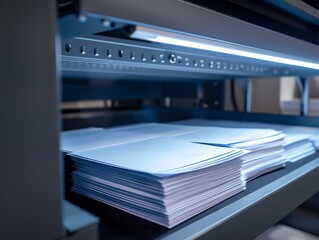 A copiers output tray with printed pages neatly stacked