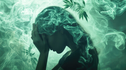 Silhouette of woman in smoke with cannabis leaves highlighting mental health awareness