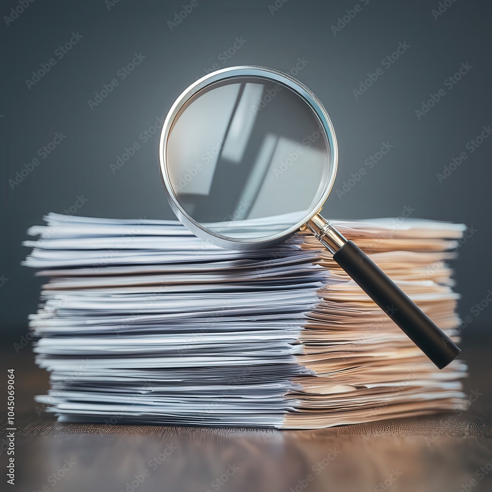 Poster exploring the intricacies of document management with a magnifying glass on stacked papers