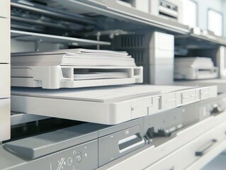 A detailed render of a copiers paper tray with paper stack