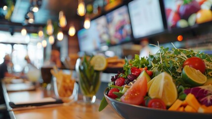 A digital screen displaying nutrition information and healthy tips for diners.