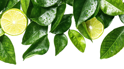 Fresh citrus leaves and vibrant lime slices enhanced by droplets of water in a bright setting