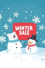 Winter sale promotional poster banner design with snowman.