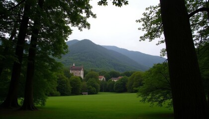 Obraz premium Tranquil valley with majestic mountains and lush greenery