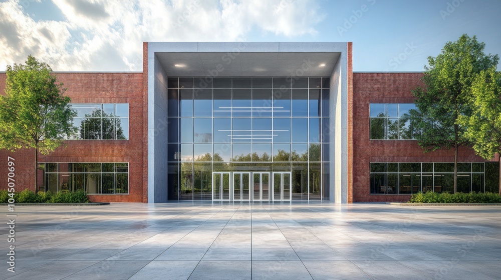 Poster a large building with a lot of windows and a red brick facade