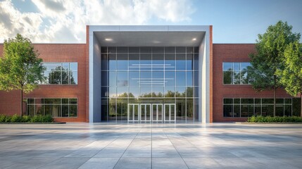 A large building with a lot of windows and a red brick facade