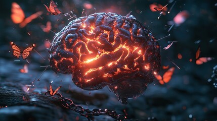 CopyGlass sculpture of human brain shattering its metal constraints, shards catching prismatic light, butterflies emerging from broken chains, volumetric lighting, particle effects, photorealistic ren