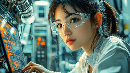 A scientist wearing protective goggles closely examining data on a screen, working amidst cutting-edge technology, representing innovation and research.