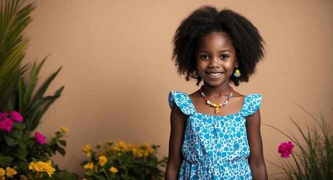 african kid girl summer vacation bright background wearing fashion portrait