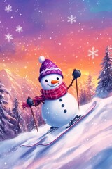 Fototapeta premium Cute snowman ski in snow field in mountain.