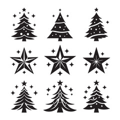 Obraz premium Silhouette Christmas Design Elements with Holiday Stars, Trees, and Snowflakes