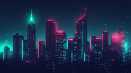 Naklejka premium City towers reflect neon red, green lights across water, creating vibrant futuristic landscape, lights enhance city skyline, digital atmosphere boosts city energy concept.