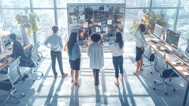 Professionals engage in strategic discussions in a modern office, gathered around a workboard and screens, signifying teamwork, planning, and success.