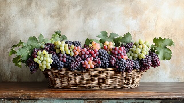 Rustic basket laden with an array of verdant grapes, meticulously arranged and adorned with a smattering of scattered clusters, showcasing their vibrant hue and pristine freshness. 