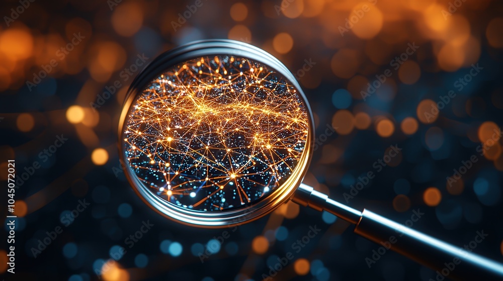Poster exploring the intricacies of network connections through a magnifying glass of technology