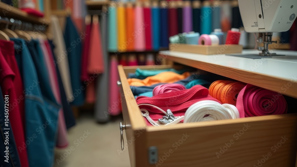 Poster a drawer full of colorful threads and a sewing machine