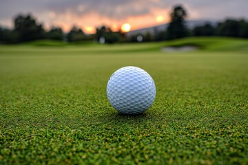 Fototapeta premium A white golf ball sits on a lush green putting green. The ball is in focus, and the background is slightly blurred. The sun is setting in the background, casting a warm glow over the scene.