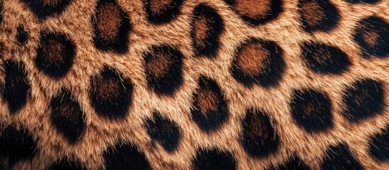 Naklejka premium Close-up texture of leopard fur with black spots on a brown background.