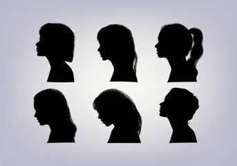 Woman head silhouette face profile hand drawn vector illustration element.