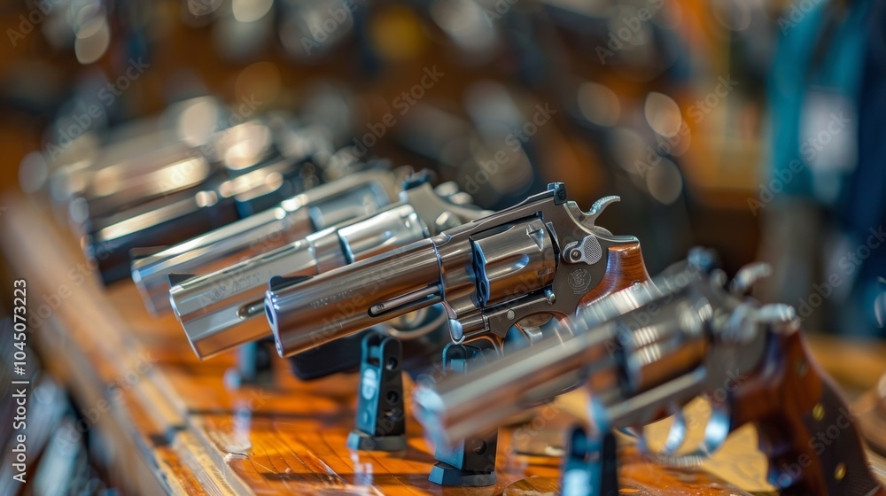 Poster a row of handguns neatly lined up on a counter ready for use by eager marksmen.